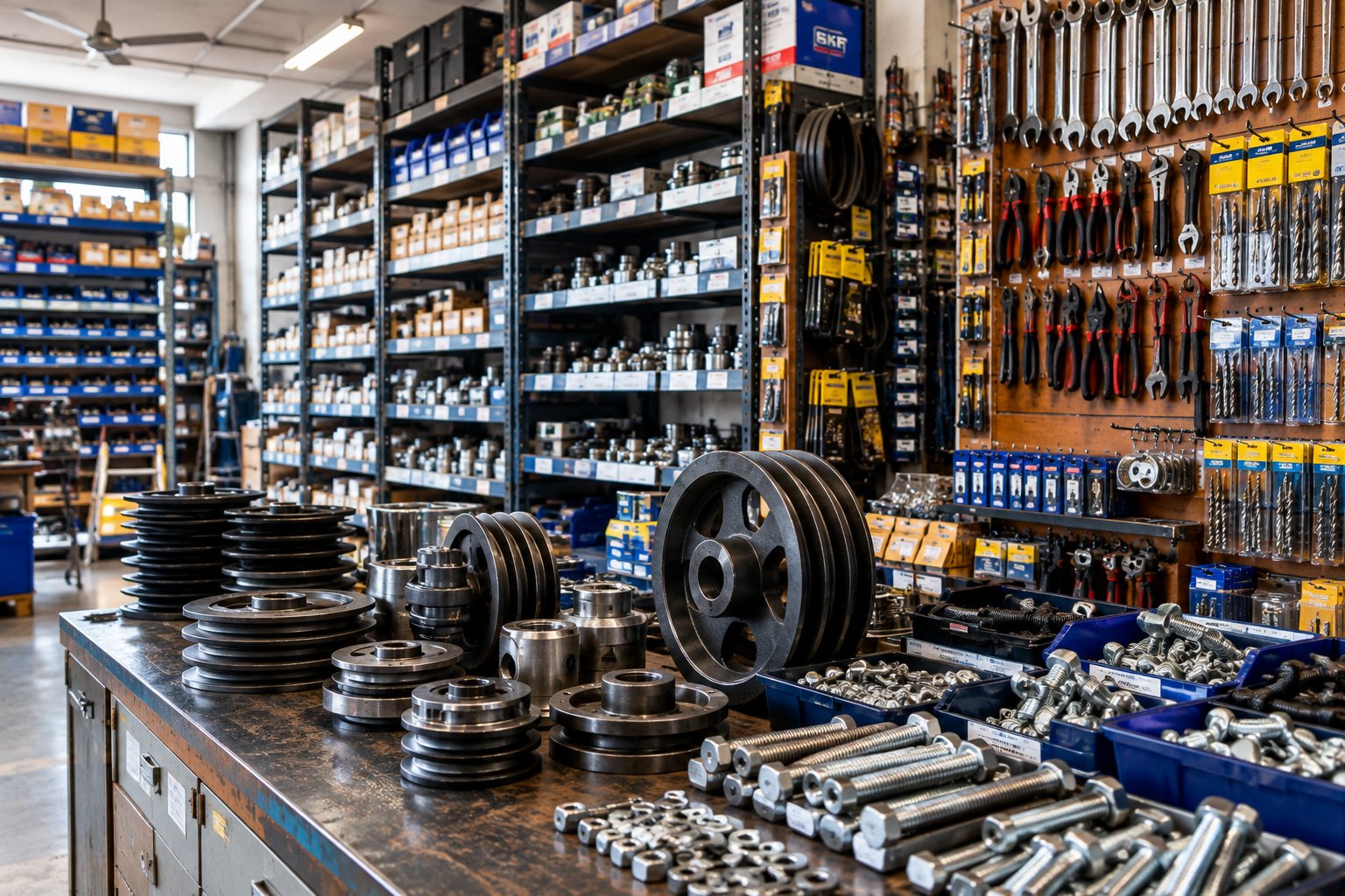 Inside a Jay Kay Tools shop, with shelves of bearings, belts and fasteners and a workbench of pulleys and hardware.